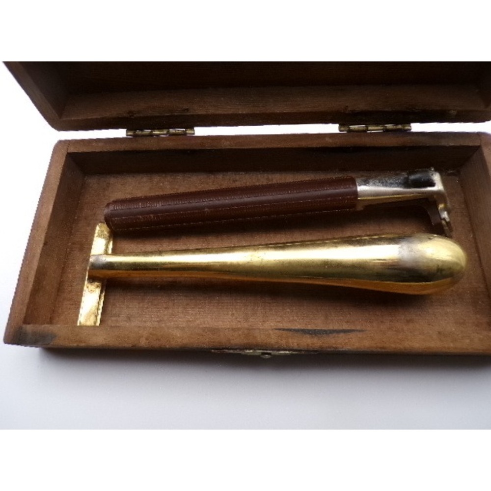 Vintage‎ Safety Razor Handle Set Gold Brass Handle Leather Case Wooden Box